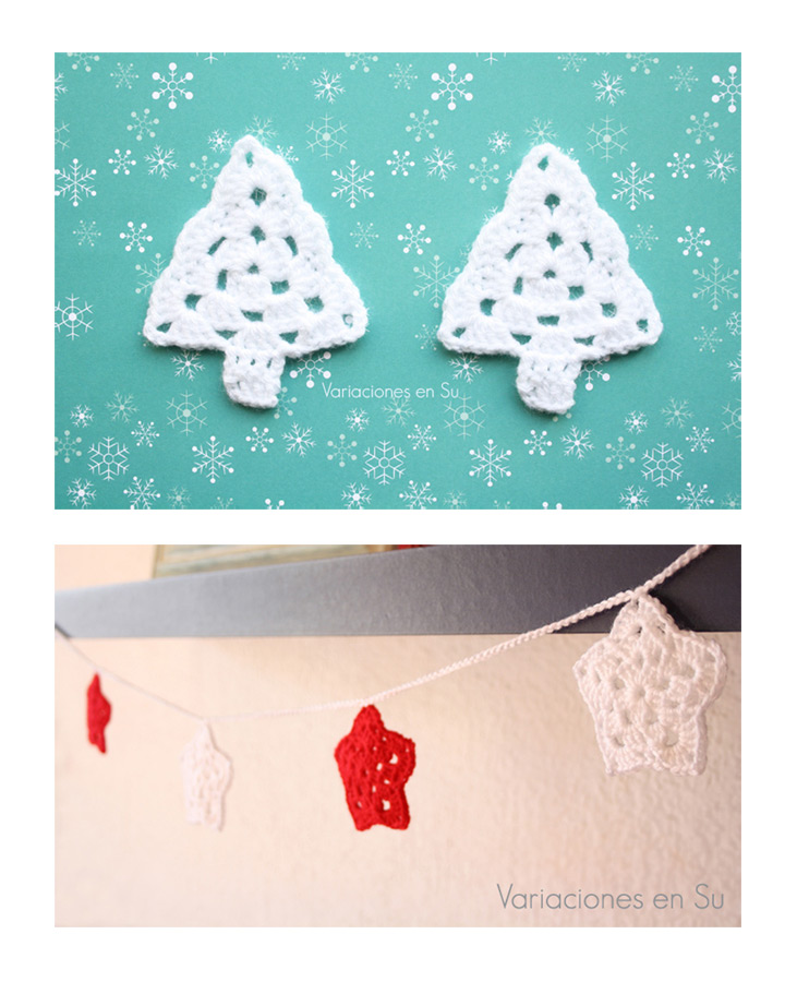 Motivos navideños tejidos a ganchillo, que incluyen estrellas y árboles de Navidad.